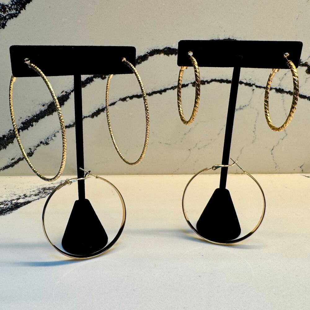 Gold Tone Hoop Earrings Bundle Large Textured Statement Hoops